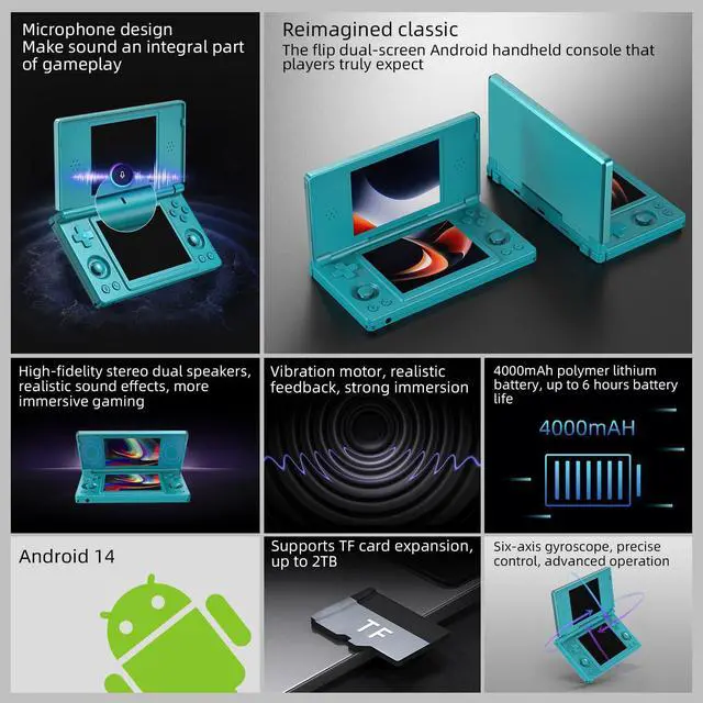 Alt view image 7 of 7 - RG DS Dual System Handheld Game Console 32GB TF Card Preloaded, Android 14 + Linux Retro Gaming Console, Dual Screen 4 IPS Display, WiFi Bluetooth, Portable Emulator Console (Turquoise Blue)