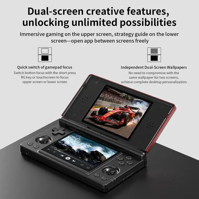 Alt view image 4 of 7 - RG DS Dual System Handheld Game Console 32GB TF Card Preloaded, Android 14 + Linux Retro Gaming Console, Dual Screen 4 IPS Display, WiFi Bluetooth, Portable Emulator Console (black+red)