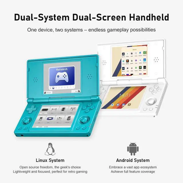Alt view image 2 of 7 - RG DS Dual System Handheld Game Console 32GB TF Card Preloaded, Android 14 + Linux Retro Gaming Console, Dual Screen 4 IPS Display, WiFi Bluetooth, Portable Emulator Console (black+red)