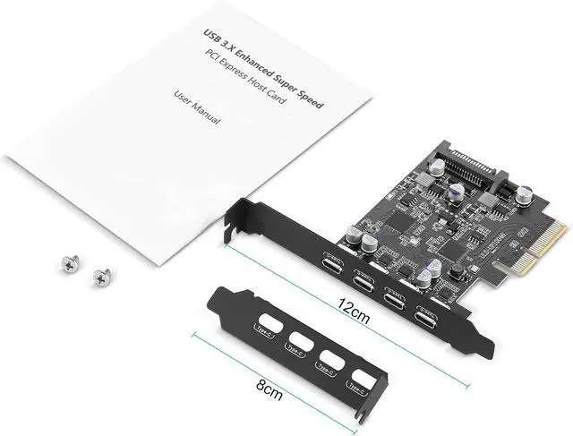 Alt view image 6 of 6 - 4 Ports USB 3.2 PCIe Card 10Gbps PCIe USB Expansion Card to USB-C/15 Pin | PCI USB C Card, PCI Express 3.0 X4 Adapter with Low-Profile Bracket, Configure 15 Pin SATA Power Supply for Windows/Linux PC