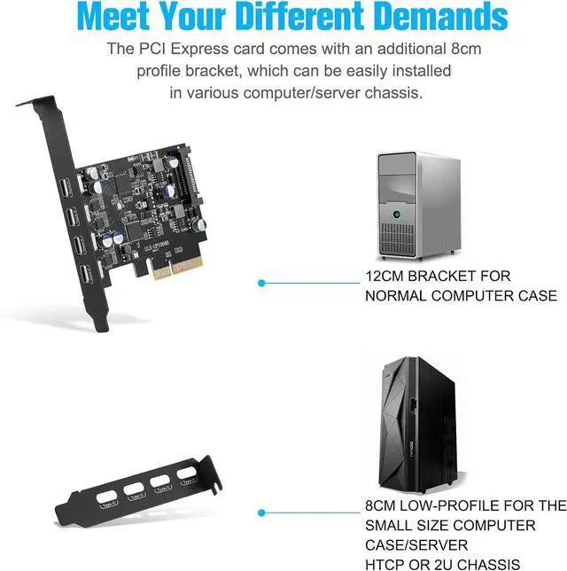 Alt view image 5 of 6 - 4 Ports USB 3.2 PCIe Card 10Gbps PCIe USB Expansion Card to USB-C/15 Pin | PCI USB C Card, PCI Express 3.0 X4 Adapter with Low-Profile Bracket, Configure 15 Pin SATA Power Supply for Windows/Linux PC
