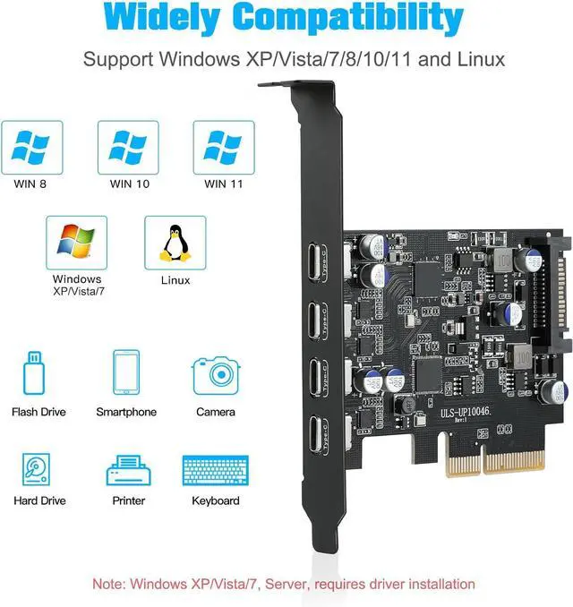 Alt view image 4 of 6 - 4 Ports USB 3.2 PCIe Card 10Gbps PCIe USB Expansion Card to USB-C/15 Pin | PCI USB C Card, PCI Express 3.0 X4 Adapter with Low-Profile Bracket, Configure 15 Pin SATA Power Supply for Windows/Linux PC