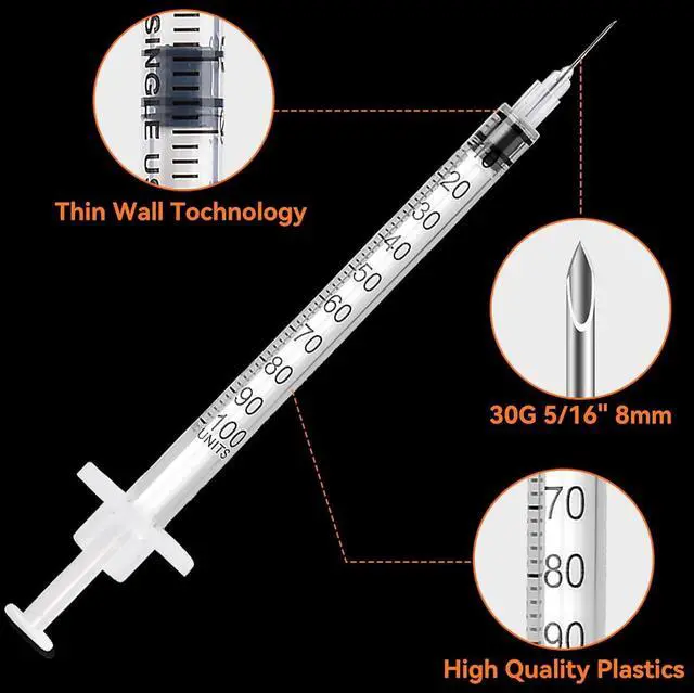 Alt view image 5 of 7 - 100 PACK U-100 Syringes 30G 5/16" (8mm) 1ml/cc, Disposable Syringe 1ml 31 Gauge 8mm 100