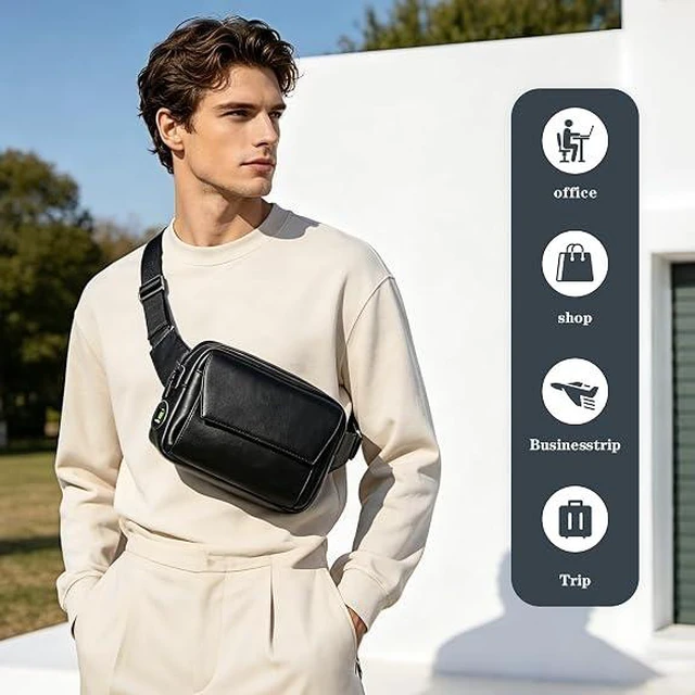 Alt view image 5 of 7 - Anti-Theft Crossbody Bag with Fingerprint Lock,Leather Sling Bag with findmy tracker for Men Women,Shoulder Chest Bag Zipper Lock for travel