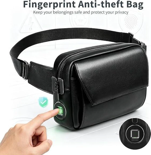 Alt view image 2 of 7 - Anti-Theft Crossbody Bag with Fingerprint Lock,Leather Sling Bag with findmy tracker for Men Women,Shoulder Chest Bag Zipper Lock for travel