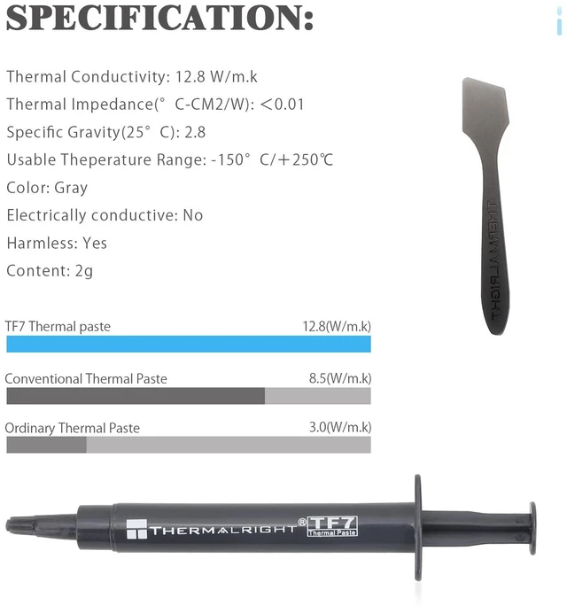 Alt view image 5 of 7 - TF7 2g Thermal Compound Paste for CPU Coolers, Heat Sink Paste High Conductivity 12.8W/m.k for All Processors(CPU,GPU), Non-Conductive,with A Spatula Tool