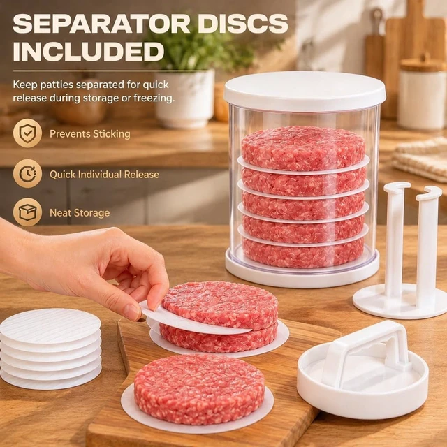 Alt view image 2 of 7 - Hamburger Press Patty Maker with Stackable Storage & Discs| Burger Patty Maker Press for BBQ, Meal Prep | Make, Stack, Store & Freeze Patties | 5 Layer Burger Stacker
