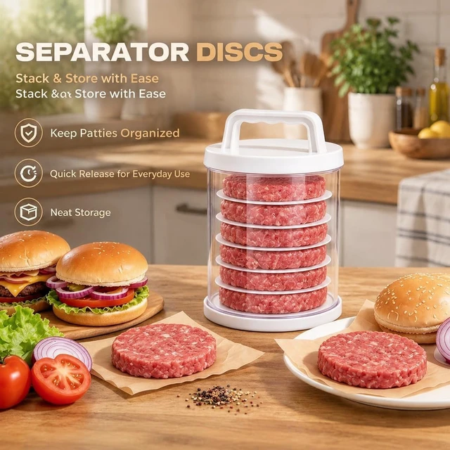 Alt view image 3 of 7 - Hamburger Press Patty Maker with Stackable Storage & Discs| Burger Patty Maker Press for BBQ, Meal Prep | Make, Stack, Store & Freeze Patties | 5 Layer Burger Stacker
