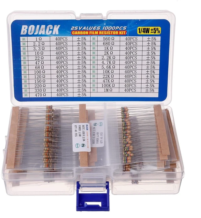 Main image of 1000 Pcs 25 Values Resistor Kit 1 Ohm-1M Ohm with 5% 1/4W Carbon Film Resistors Assortment
