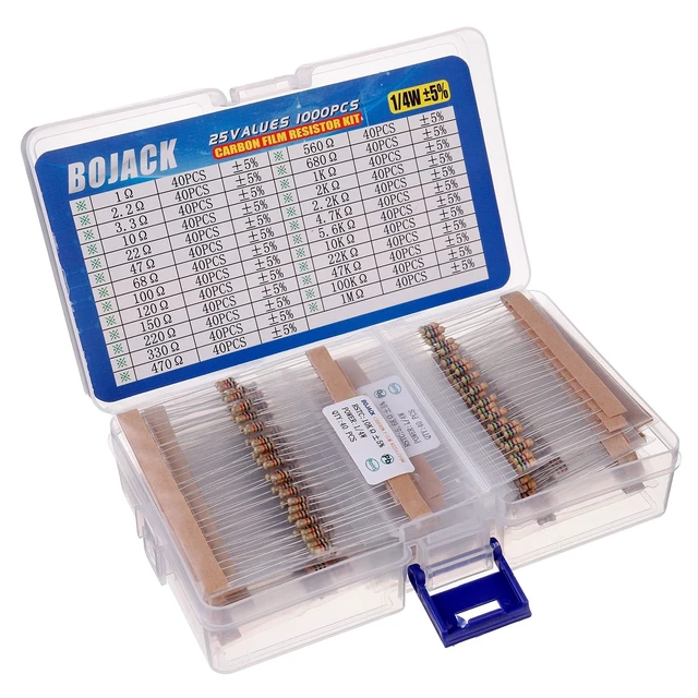 Alt view image 2 of 5 - 1000 Pcs 25 Values Resistor Kit 1 Ohm-1M Ohm with 5% 1/4W Carbon Film Resistors Assortment
