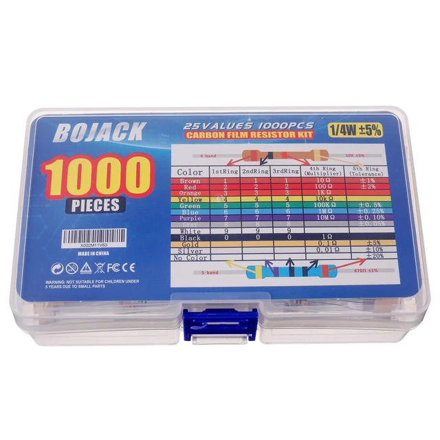 Alt view image 3 of 5 - 1000 Pcs 25 Values Resistor Kit 1 Ohm-1M Ohm with 5% 1/4W Carbon Film Resistors Assortment