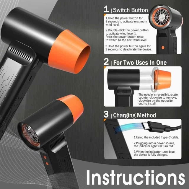 Alt view image 7 of 7 - 2026 Cordless Electric Air BlowerPowerful Turbo Jet Duster with Adjustable Speeds for Car Detailing, Keyboard Cleaning, Snow Removal, Outdoor Camping, Ideal Holiday Gift orange