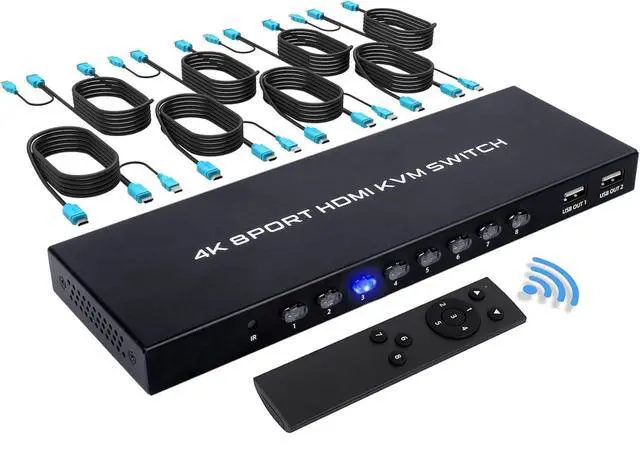 Main image of WRIARICH 8 Port KVM Switch HDMI, 4K@30Hz 8 in 1 Out HDMI KVM Switch for 8 PC Sharing 1 HD Monitor and 4 USB Devices with IR Remote & 8 HDMI Cables