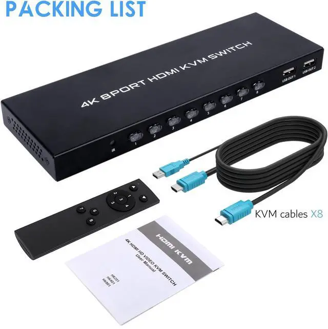 Alt view image 6 of 6 - WRIARICH 8 Port KVM Switch HDMI, 4K@30Hz 8 in 1 Out HDMI KVM Switch for 8 PC Sharing 1 HD Monitor and 4 USB Devices with IR Remote & 8 HDMI Cables
