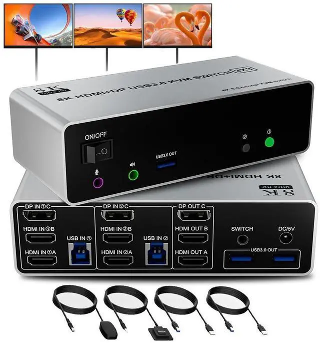 Main image of 8K@60Hz KVM Switch 3 Monitors 2 Computers 4K@144Hz, 2 HDMI+Displayport KVM Switch Triple Monitor for 2 PC Share 3 Monitor, Audio Mic Port and 3 USB3.0 Devices, Wired Remote and 5V Power Adapter