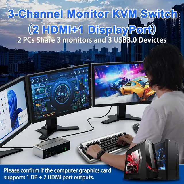 Alt view image 3 of 7 - 8K@60Hz KVM Switch 3 Monitors 2 Computers 4K@144Hz, 2 HDMI+Displayport KVM Switch Triple Monitor for 2 PC Share 3 Monitor, Audio Mic Port and 3 USB3.0 Devices, Wired Remote and 5V Power Adapter