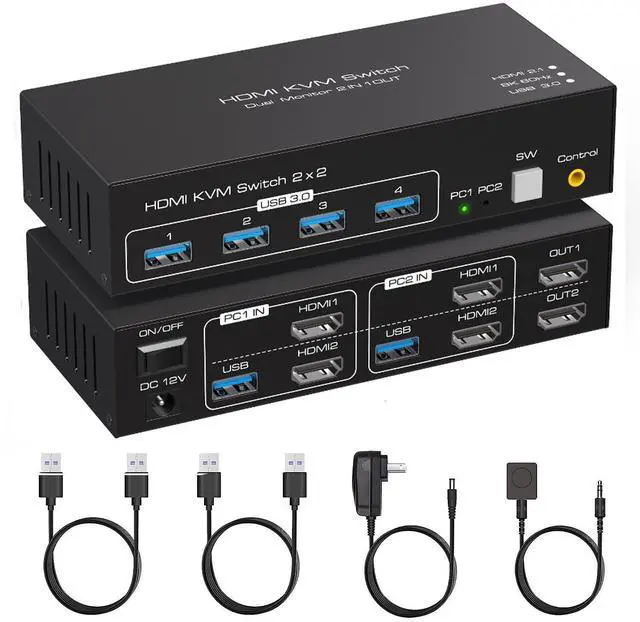 Main image of HDMI KVM Switch Monitors 2 Computers, 8K60HZ/4K120Hz KVM Switch Dual Monitors 2 Computers with 4 USB 3.0 Port, HDMI KVM Switch 2 Port Support Button and Remote Switch, 2 PC Sharing 4 USB Devices