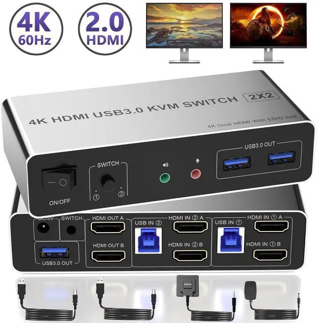 Main image of HDMI Dual Monitor KVM Switch 2 Computers 2 Monitors 4K@60Hz, EDID Emulators HDMI USB KVM Switcher for 2 PCs Share Dual Monitors and 3 USB 3.0 Ports with Audio Microphone, Extended & Mirror Mode