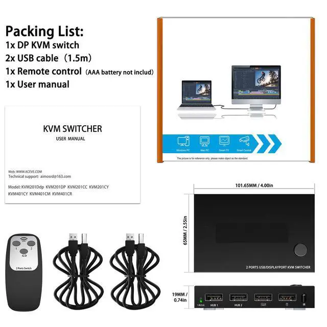 Alt view image 7 of 7 - WRIARICH 2 in 1 Out Dispplayport KVM Switch, 2 Port DP KVM Switcher with 2.0 USB Hub Support 4K @60Hz Control Up to 2 Computers for Share Keyboard, Mouse, Monitor