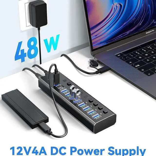 Alt view image 3 of 6 - Powered USB Hub 3.2, 10-Port USB 3.2/USB C Hub (10Gbps USB-A 3.2 + 2x USB-C 3.2 + 7x USB 3.0 Ports) with Individual On/Off Switches and 12V Power Adapter, Aluminum USB Hub Powered for Laptop PC