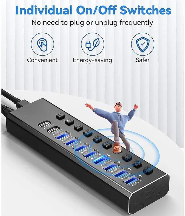 Alt view image 4 of 6 - Powered USB Hub 3.2, 10-Port USB 3.2/USB C Hub (10Gbps USB-A 3.2 + 2x USB-C 3.2 + 7x USB 3.0 Ports) with Individual On/Off Switches and 12V Power Adapter, Aluminum USB Hub Powered for Laptop PC