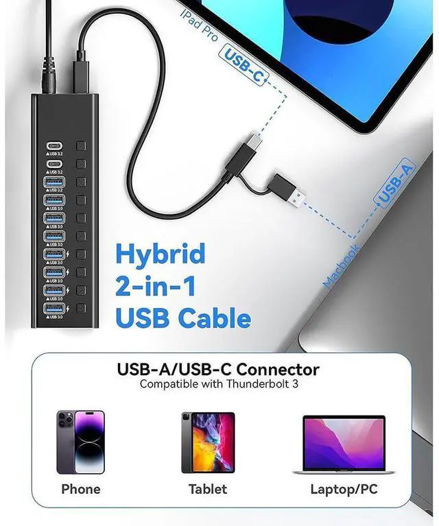 Alt view image 5 of 6 - Powered USB Hub 3.2, 10-Port USB 3.2/USB C Hub (10Gbps USB-A 3.2 + 2x USB-C 3.2 + 7x USB 3.0 Ports) with Individual On/Off Switches and 12V Power Adapter, Aluminum USB Hub Powered for Laptop PC