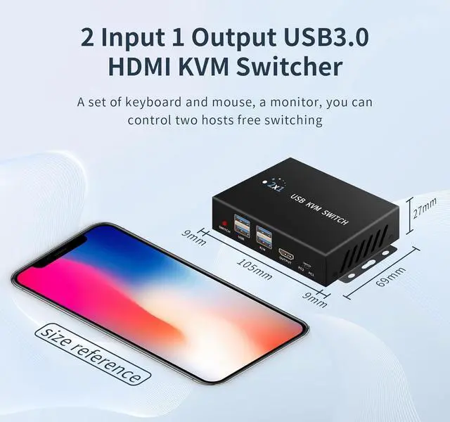 Alt view image 7 of 7 - 2 Port HDMI KVM Switch for 2 Computers 1 Monitors, 4K@60Hz, USB 3.0 Devices KVM switcher, USB 3.0 HDMI Switch 2 in 1 Out, with Desktop Controller, Button switches, Support Windows, Linux, MacOS