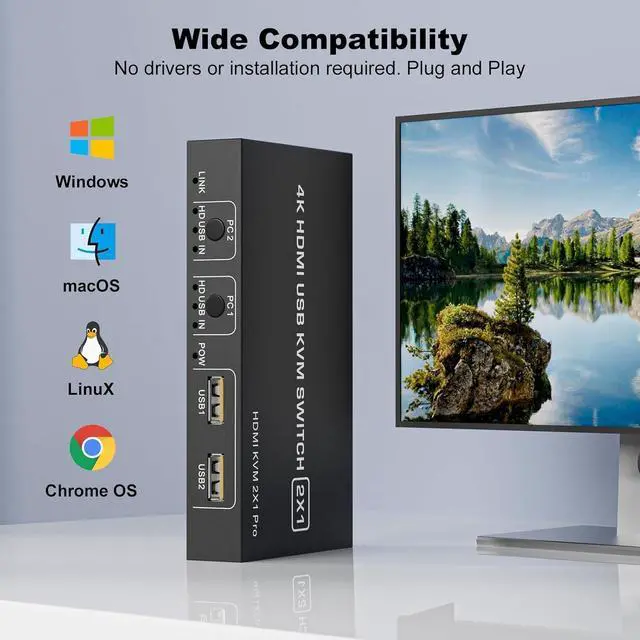 Alt view image 7 of 7 - WRIARICH HDMI KVM Switch 1 Monitor 2 Computers 4K@60Hz, USB-B HDMI KVM Switch for 2 Computer Share 1 Monitor with 3 USB Ports Sharing Keyboard and Mouse, Printer/Scanner, Desktop Controller included