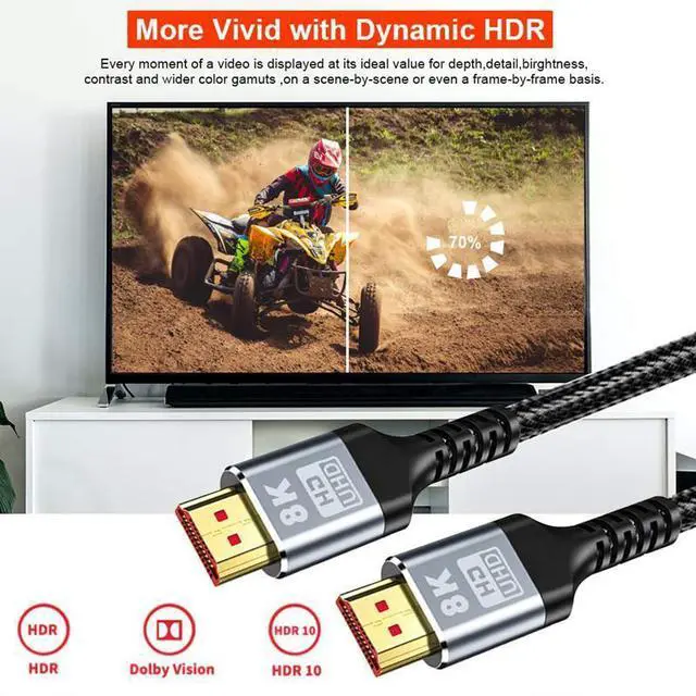 Alt view image 3 of 7 - WRIARICH 8K HDMI Cable 2.1 3.3FT, Slim 48Gbps High Speed HDMI Braided Cord-4K@120Hz 144Hz 8K@60Hz, HDCP 2.2&2.3, Dynamic HDR,eARC