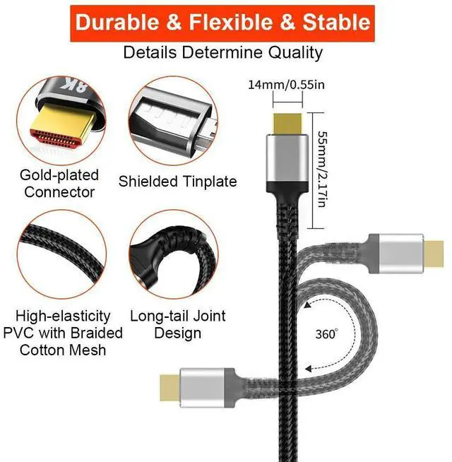 Alt view image 4 of 7 - 8K HDMI Cable 2.1 3.3FT/1M, Ultra 48Gbps High Speed 8K60 4K120 144Hz Braided Black HDMI Cord eARC HDR10 HDCP 2.2&2.3 Compatible with Roku TV/PS5/HDTV