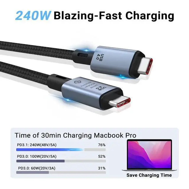 Alt view image 3 of 7 - Thunderbolt 4 Cable, Thunderbolt Certified, 0.5M (1.64FT), 40 Gb/s Data Transfer, 240W Power Charging, 8K@60Hz display Compatible with Thunderbolt 4, Thunderbolt 3, USB-C, and USB4 Devices