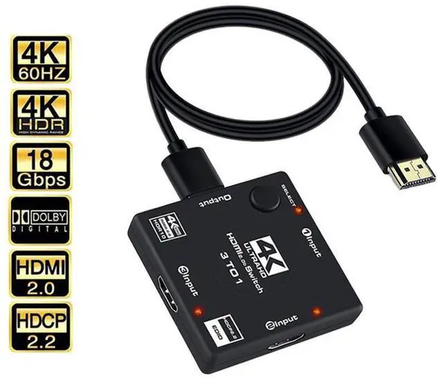 Main image of 4K HDMI Switch 3 in 1 Out HDMI Splitter, HDMI Switch with 3.9FT HDMI Cable Supports HDR CEC 3D HDCP2.2 HDMI 3 Port Box Hub 4K 60Hz, Compatible with PS5 PS4 Xbox Fire Stick Roku Apple TV PC