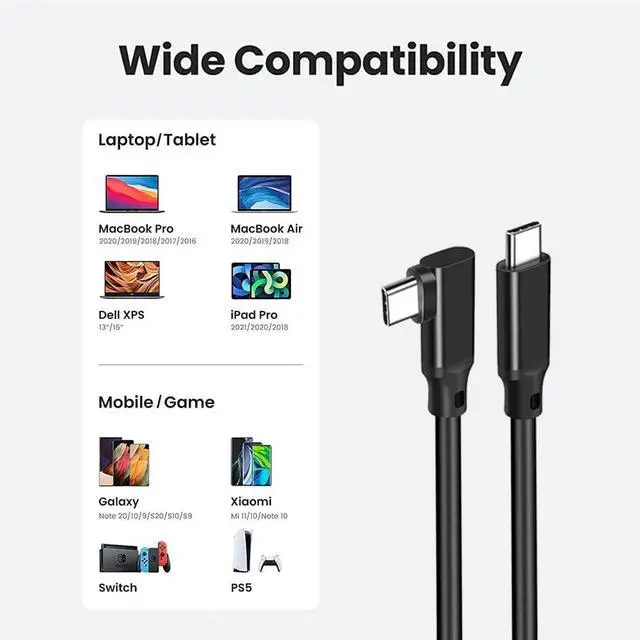 Alt view image 7 of 7 - 2 Pack 4K 60Hz USB C Cable 1.6ft, 3.2 Gen 2x2 USB C to C Cord Right Angle, 20Gbps High Speed Data Transfer, 100W Type C Fast Charging Cable Compatible with Phones SSD Powerbank Tablets Laptop