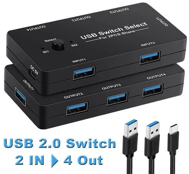 Main image of WRIARICH USB Switch Selector 2 Computers Sharing 4 USB Devices USB 2.0 Peripheral Switcher Box Hub for Mouse Keyboard Scanner Printer PCs with One-Button Swapping and 2 Pack USB A to A Cable