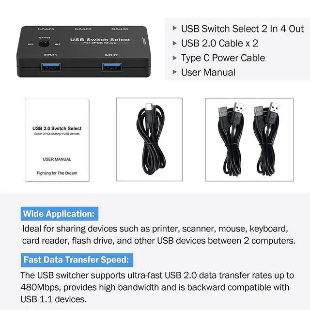 Alt view image 4 of 7 - WRIARICH USB Switch Selector 2 Computers Sharing 4 USB Devices USB 2.0 Peripheral Switcher Box Hub for Mouse Keyboard Scanner Printer PCs with One-Button Swapping and 2 Pack USB A to A Cable