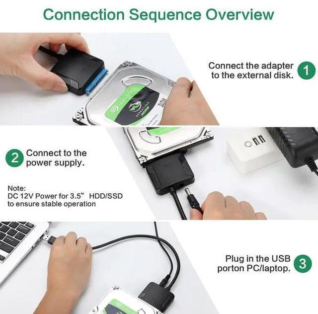 Alt view image 5 of 7 - WRIARICH USB 3.0 to SATA Adapter Converter Cable for 2.5"/3.5" SATA HDD/SSD Hard Drive Disks, Support UASP, Up to 2TB, Include 12V 2A Power Adapter