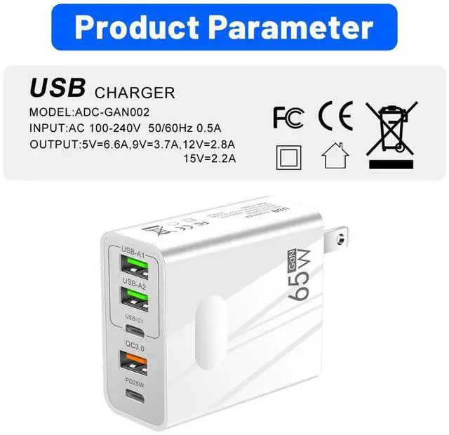 Main image of 65W USB Type C Charger, 5 Port USB Wall Charger, 65 Watt GaN Fast Charger, Type C Adapter 65W. Compatible for All Phones and Tablets (White)