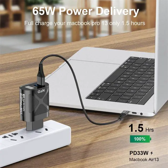 Alt view image 6 of 7 - Dual Port USB C Charger 65W PD 3.0 GaN Charger Type C Adapter with Fast Wall Charger Compatible for iPhone 14 Pro Max/14 Plus/13, MacBook Pro, iPad Pro, Switch, Galaxy S22/S21- White