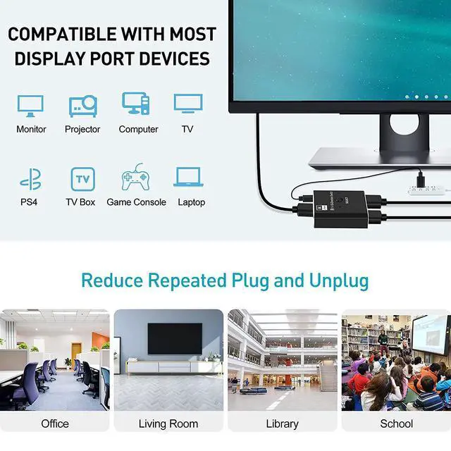 Alt view image 6 of 7 - WRIARICH DisplayPort 8K DP 1.4 2In 1Out 1In 2Out Switch Bi-Direction 8K@30Hz 4K@120Hz Splitter Converter for Multiple Source and displays(OZQD)