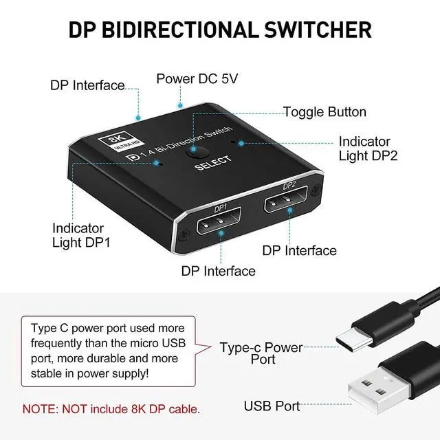 Alt view image 5 of 7 - WRIARICH DisplayPort 8K DP 1.4 2In 1Out 1In 2Out Switch Bi-Direction 8K@30Hz 4K@120Hz Splitter Converter for Multiple Source and displays(OZQD)