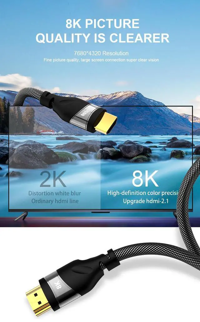 Main image of 8K HDMI Cable 10ft - High Speed 48Gbps HDMI 2.1 Cable - HDCP 2.2-8K HDR, 3D, UHD 8K, 4K,1080P, Ethernet - Braided HDMI Cord - Audio Return Compatible TV, Roku, PC, Xbox, PS4