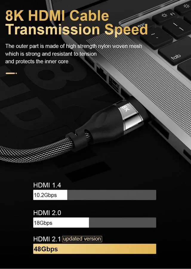 Alt view image 4 of 7 - 8K HDMI Cable, HDMI Cable 2.1 Support 8K@60Hz,4K@120Hz, Ultra-high Speed 48Gbps, Dynamic HDR, Dolby Vision, eARC Compatible with Apple TV, Nintendo Switch, Roku, Xbox- 10ft/3m