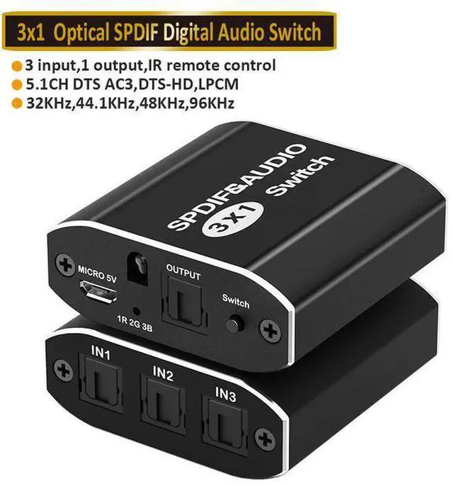 Main image of 3 Port Optical Switcher Splitter 3 in 1 Out, with 2 Way Spdif Toslink Optical Splitter/IR Remote Control Optical Switcher Splitter, 3 Port Spdif Toslink Optical Switch