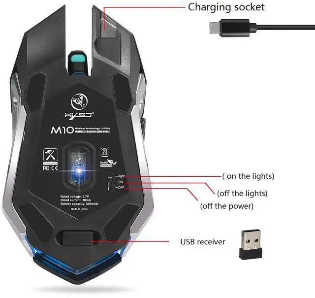 Alt view image 3 of 7 - WRIARICH M10 Rechargeable Wireless Gaming Mouse with Breathing Backlit, Wireless Mouse Gaming, Up to 2400 DPI, Ergonomic Grips, 5 Buttons, Black