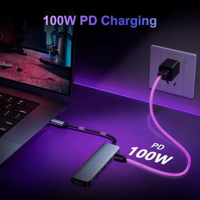 Alt view image 3 of 7 - WRIARICH USB C Hub to HDMI Multiport Adapter, 5-in-1 USB C Hub with 4K HDMI, 1*USB 3.0, 2*USB 2.0, 100W PD Ports for MacBook Pro/iMac//Laptops , etc