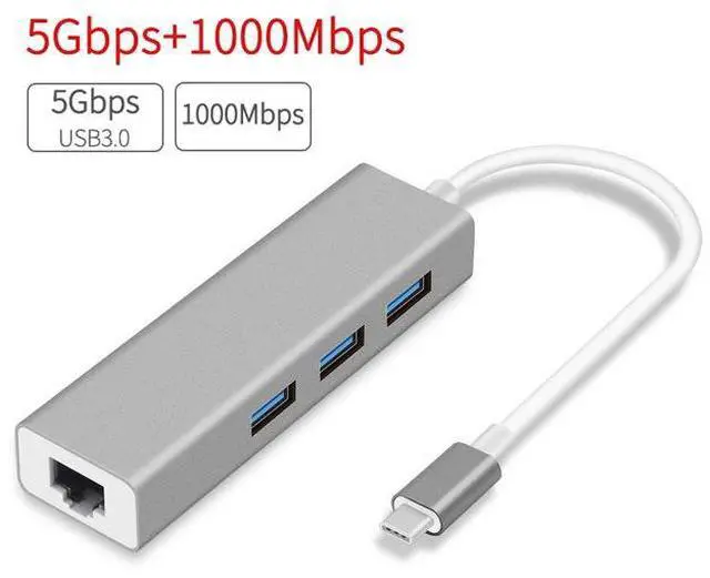 Main image of USB-C to Gigabit Ethernet USB A 3.0 Adapter Hub for USB C Type-C Thunderbolt 3 MacBook/MacBook Pro, Dell XPS 13, HP Spectre x2 and More (Gray)