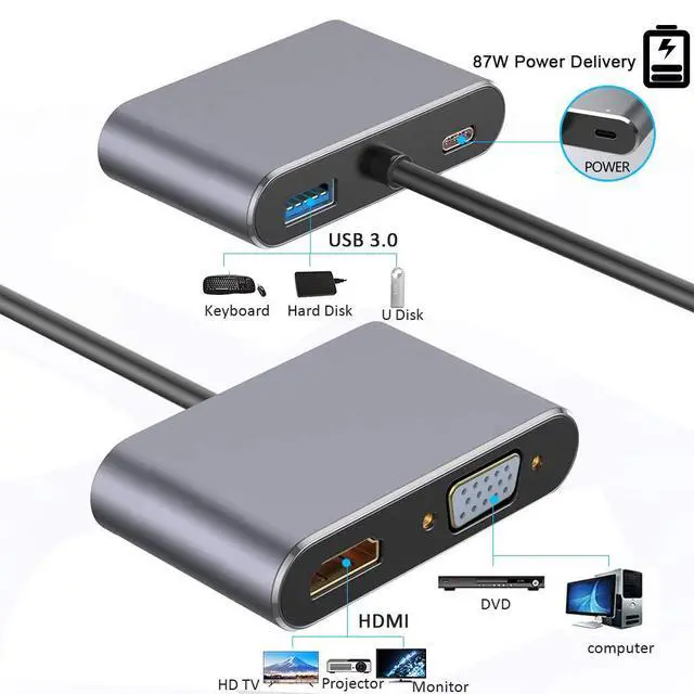 Alt view image 2 of 7 - USB C to HDMI VGA Adapter,USB C Hub with 4K HDMI, 1080P VGA,USB 3.0,USB C PD Charging,2 Screens Same Display,Compatible with MacBook Pro/Air/ipad Pro 2018/Dell XPS/Nintendo Switch/Samsung -Gray