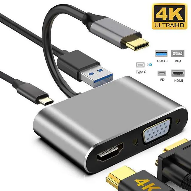 Main image of USB C to HDMI VGA Adapter,USB C Hub with 4K HDMI, 1080P VGA,USB 3.0,USB C PD Charging,2 Screens Same Display,Compatible with MacBook Pro/Air/ipad Pro 2018/Dell XPS/Nintendo Switch/Samsung -Gray