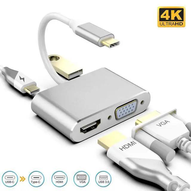 Main image of USB C to HDMI VGA Adapter 4-in-1 USB C Hub with 4K HDMI, 1080P VGA, USB 3.0, USB-C PD Charging Compatible for Nintendo Switch/MacBook Pro/iPad Pro/ Samsung Galaxy/Dell XPS -Silver
