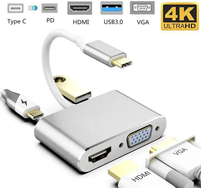 Main image of USB C to HDMI VGA Adapter,4-in-1 USB C Hub with 4K HDMI, 1080P VGA,USB 3.0,USB C PD Charging,Compatible with Nintendo Switch/MacBook Pro/Air/ipad Pro 2018/Dell XPS/Samsung and More-Silver